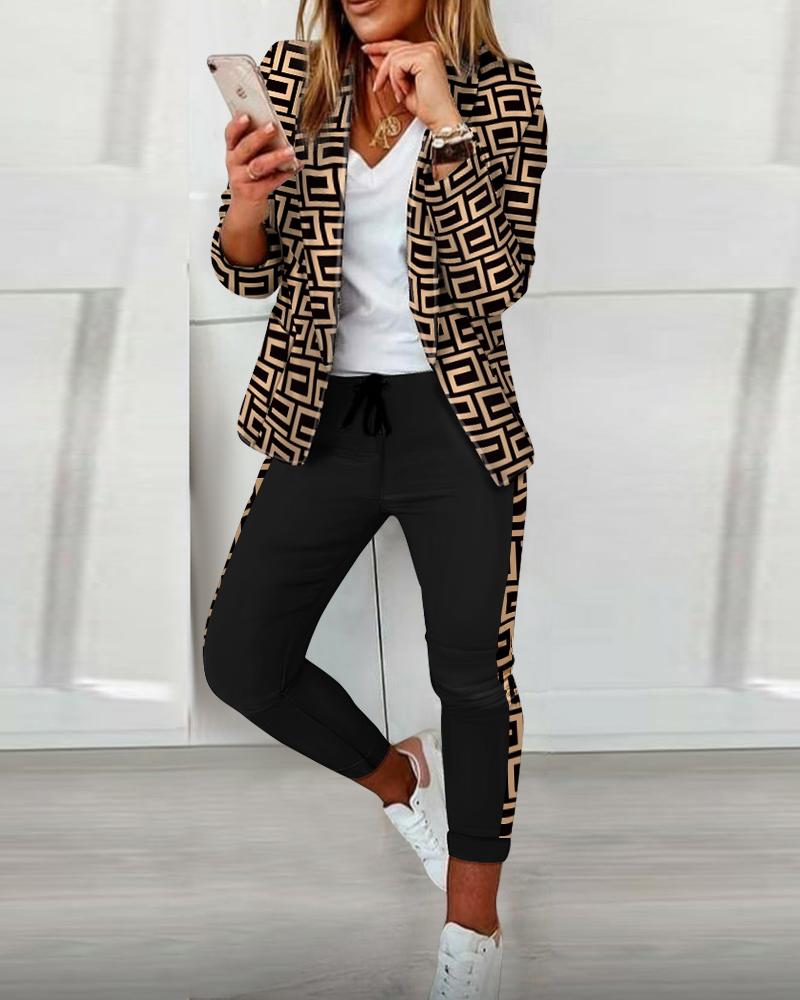 

Graphic Print Blazer Coat & Drawstring Pants Set, Black