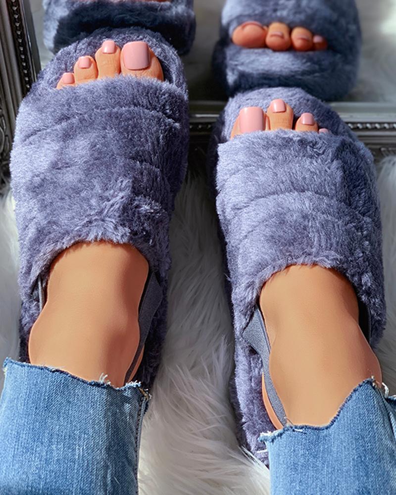 

Peep Toe Colorblock Fluffy Slide Slippers, Dark grey