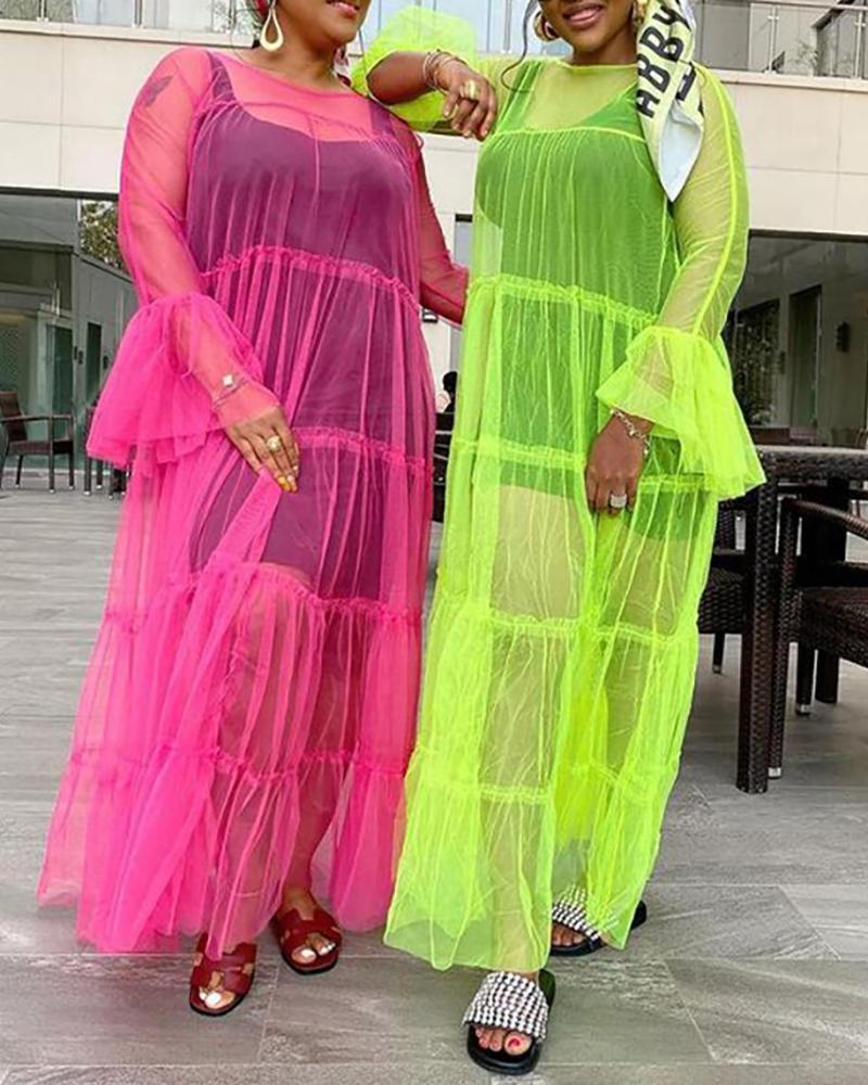 

Plus Size Sheer Mesh Long Sleeve Maxi Dress, Hot pink