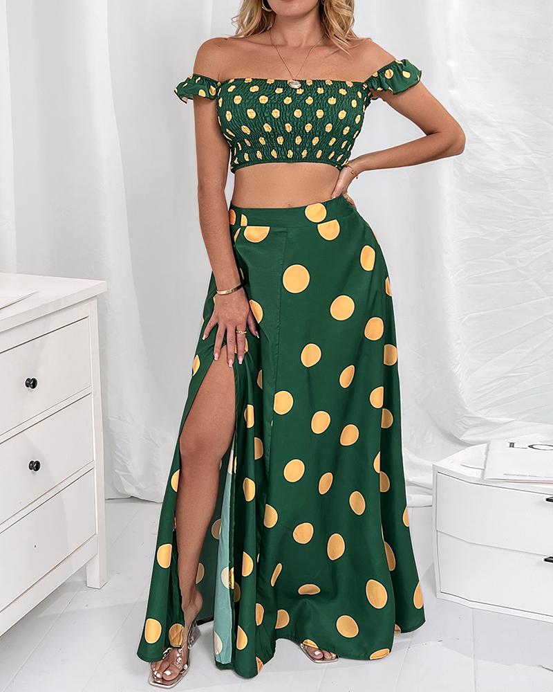 

Off Shoulder Polkadot Print Top & High Slit Maxi Skirt Set, Green