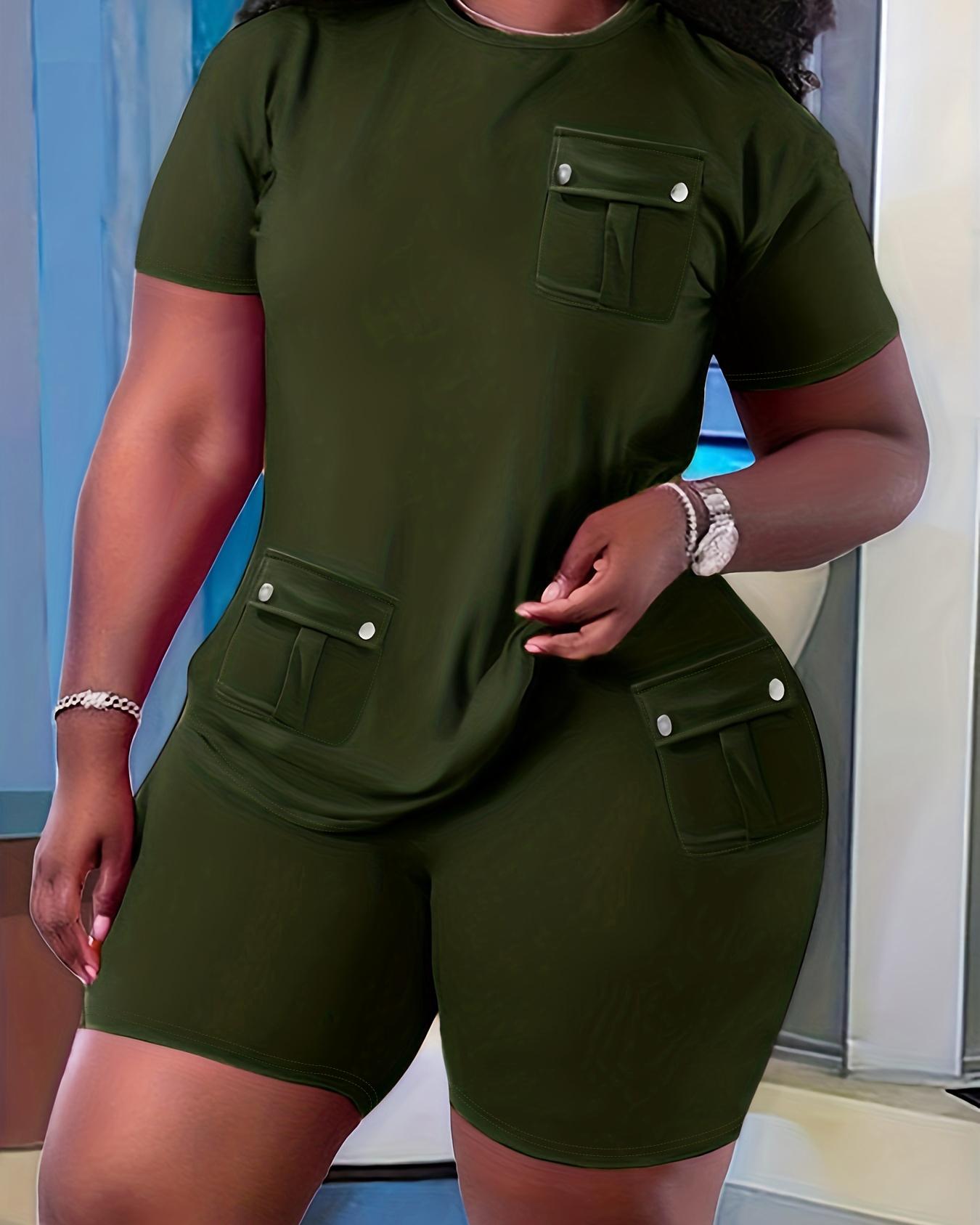 

Plus Size Pocket Design Round Neck Top & Shorts Set, Army green