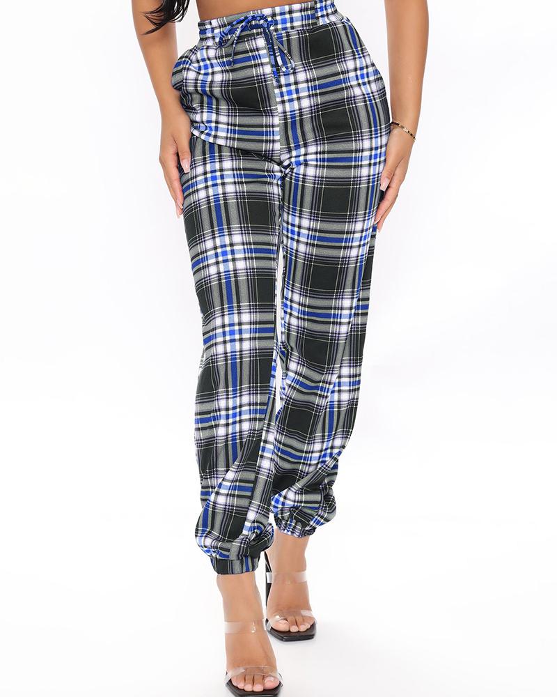 

Tied Detail Pocket Design Plaid Print Harem Pants, Blue