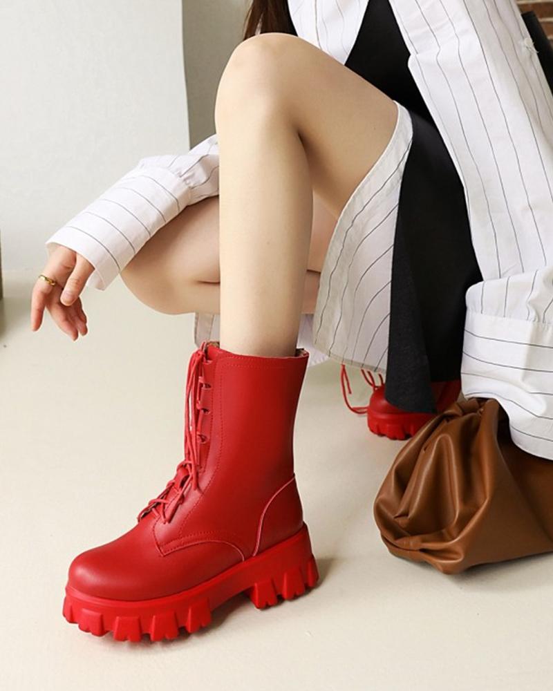 

Round-toe Lace-up Solid Color PU Leather Martin Boots, Red