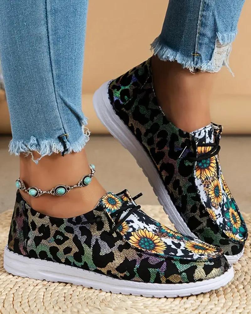 

Sunflower Print Lace-up Casual Slip-on, Multicolor