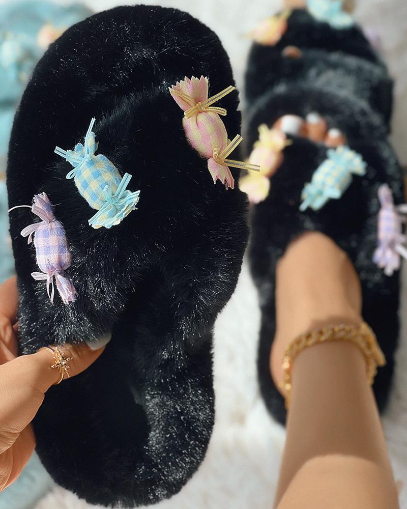 

Fuzzy Candy Pattern Cross Strap Slippers, Black