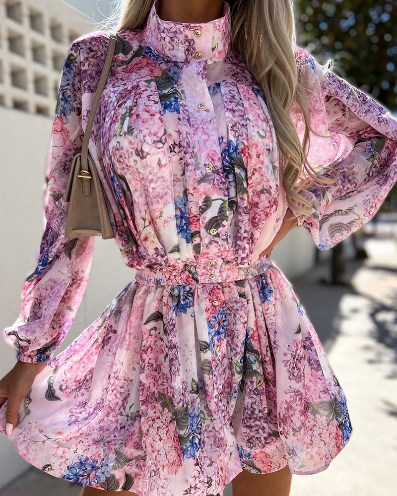 

Floral Print Lantern Sleeve Buttoned Romper, Light pink