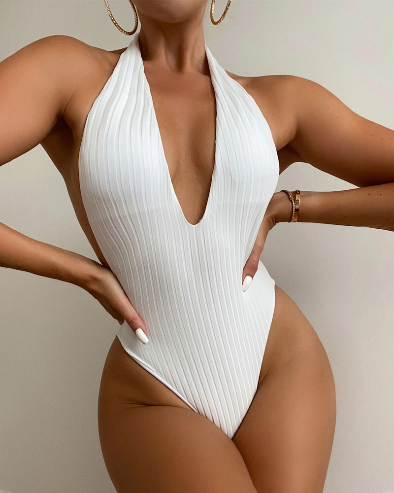 

Ribbed Halter Backless One-Piece Swimsuit, White