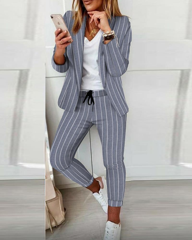 

Striped Long Sleeve Blazer Coat & Drawstring Pants Set, Blue