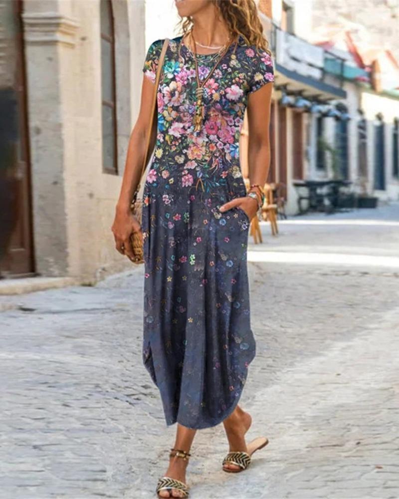

Floral Print Short Sleeve Maxi Dress, Style1