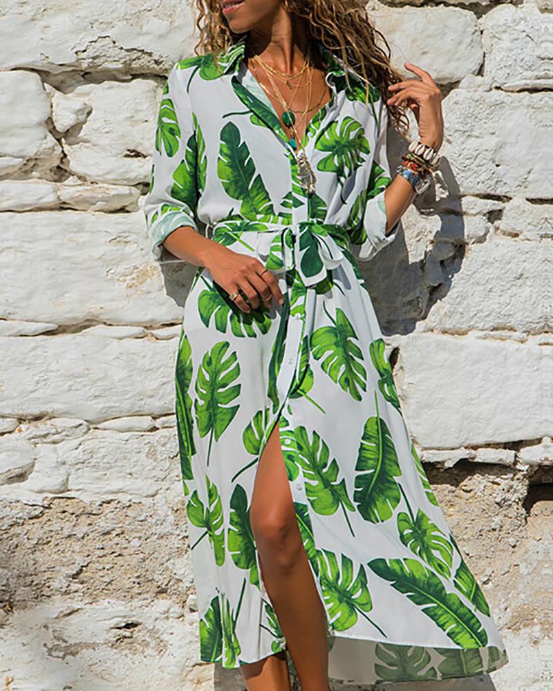 

Palm Leaf Print Casual Shirt Dress, Green