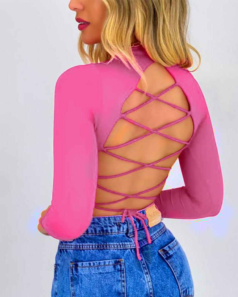 

Lace-up Backless Long Sleeve Top, Pink