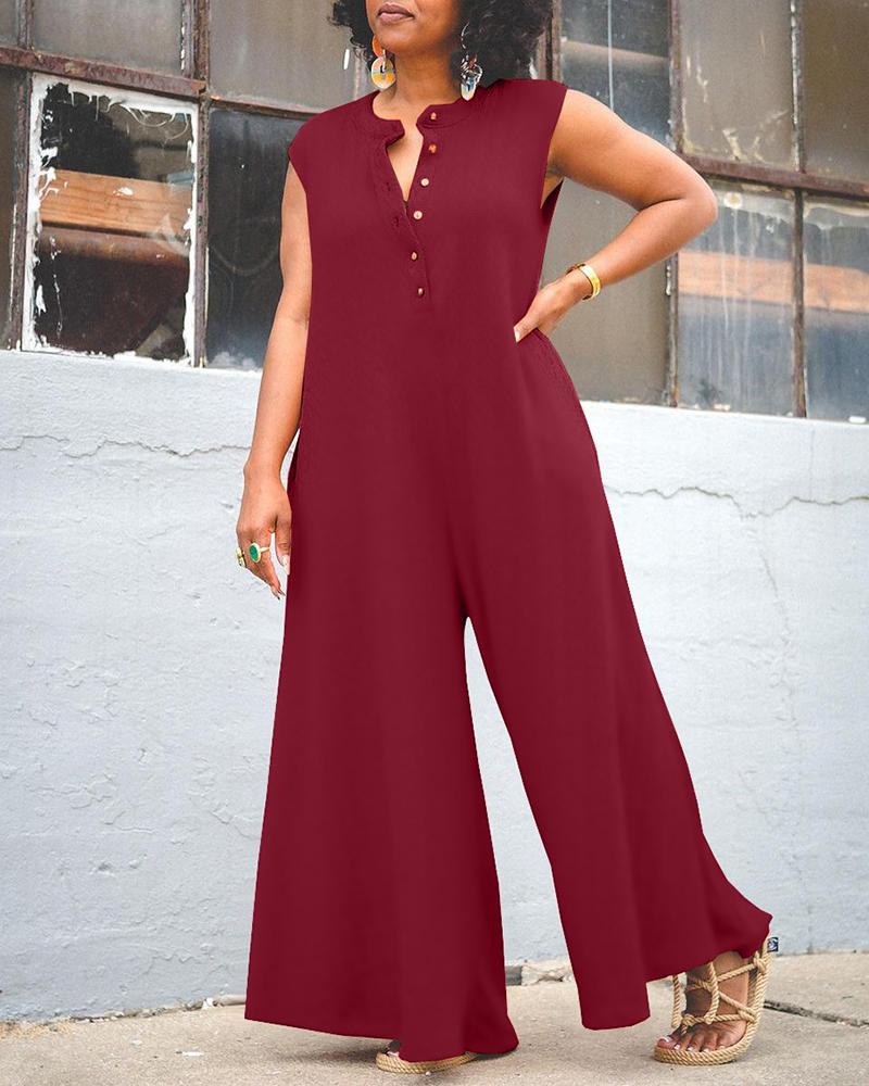 

Plus Size Buttoned Sleeveless Wide Leg Jumpsuit, Wine red