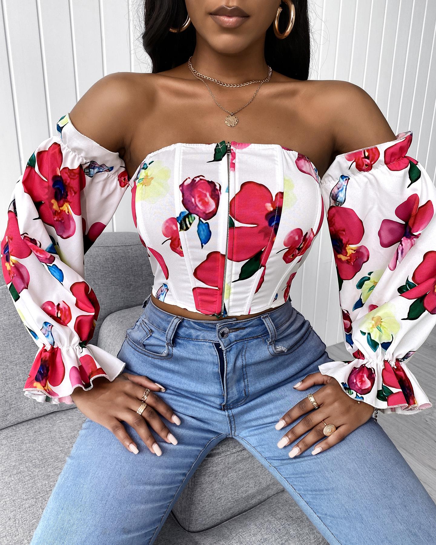 

Off Shoulder Lantern Sleeve Floral Print Top, White