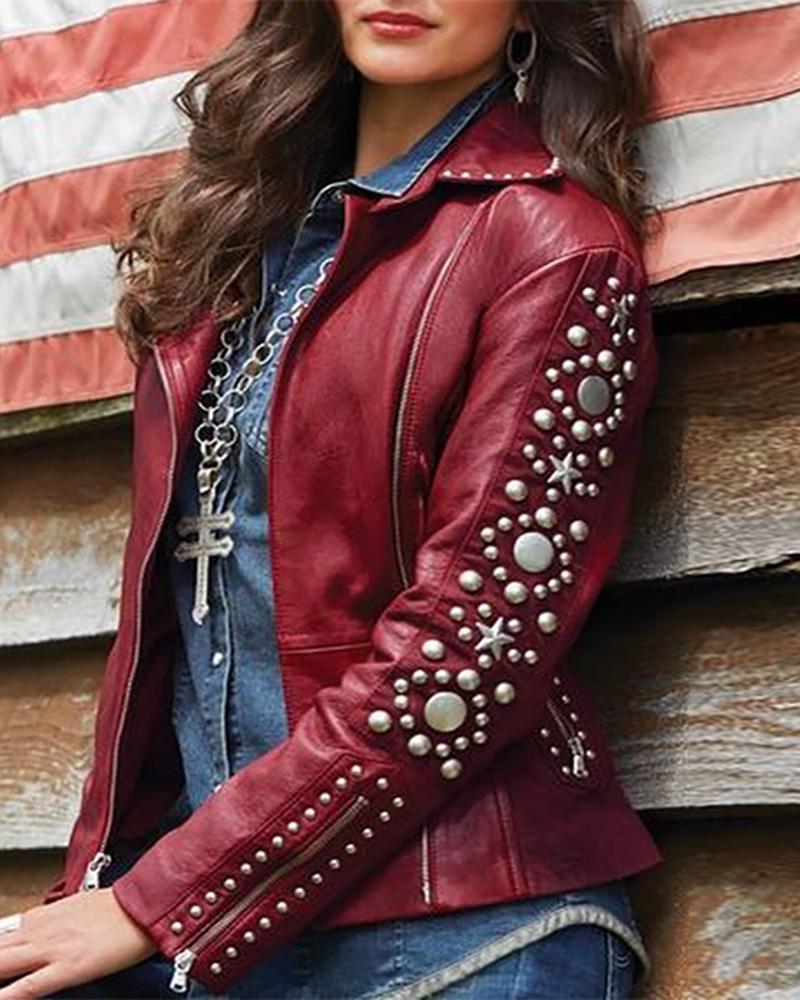 

Star Ring Pattern Beaded PU Jacket, Wine red