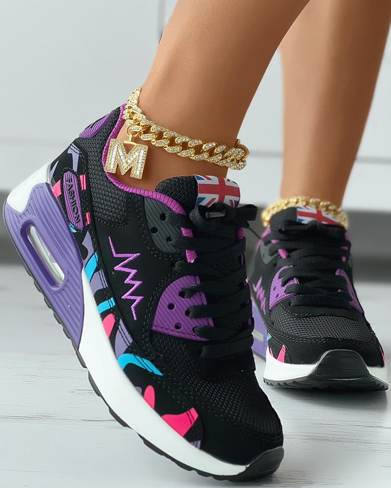 

Colorblock Flag Pattern Lace-up Sneakers, Black&purple