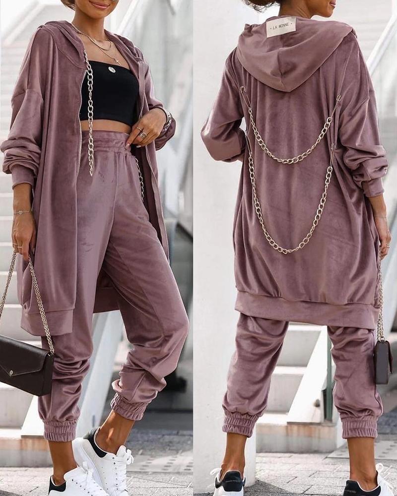 

Zipper Design Chain Decor Hooded Top & Pants Set, Khaki