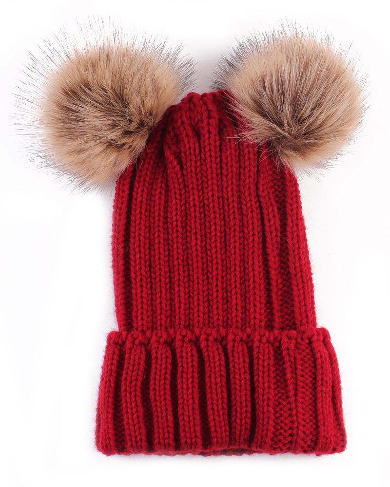 

Knit Double Pom Pom Decor Cuffed Beanie For Adult, Red