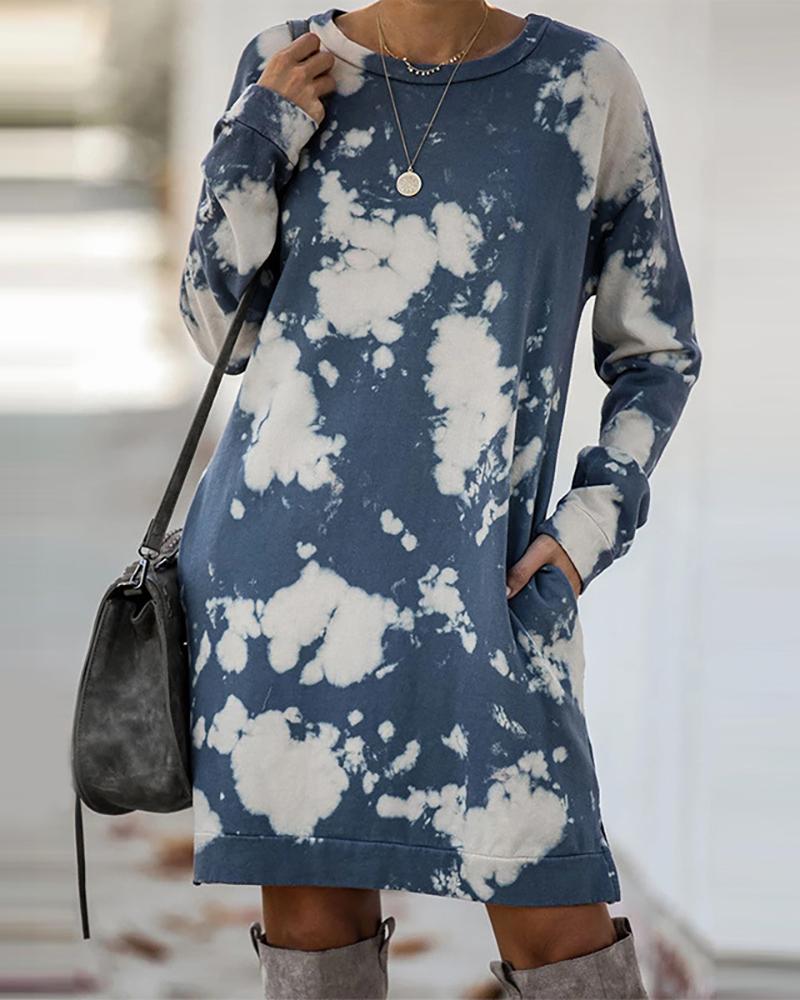 

Tie Dye Print Slit Pocket Design Casual Dress, Blue
