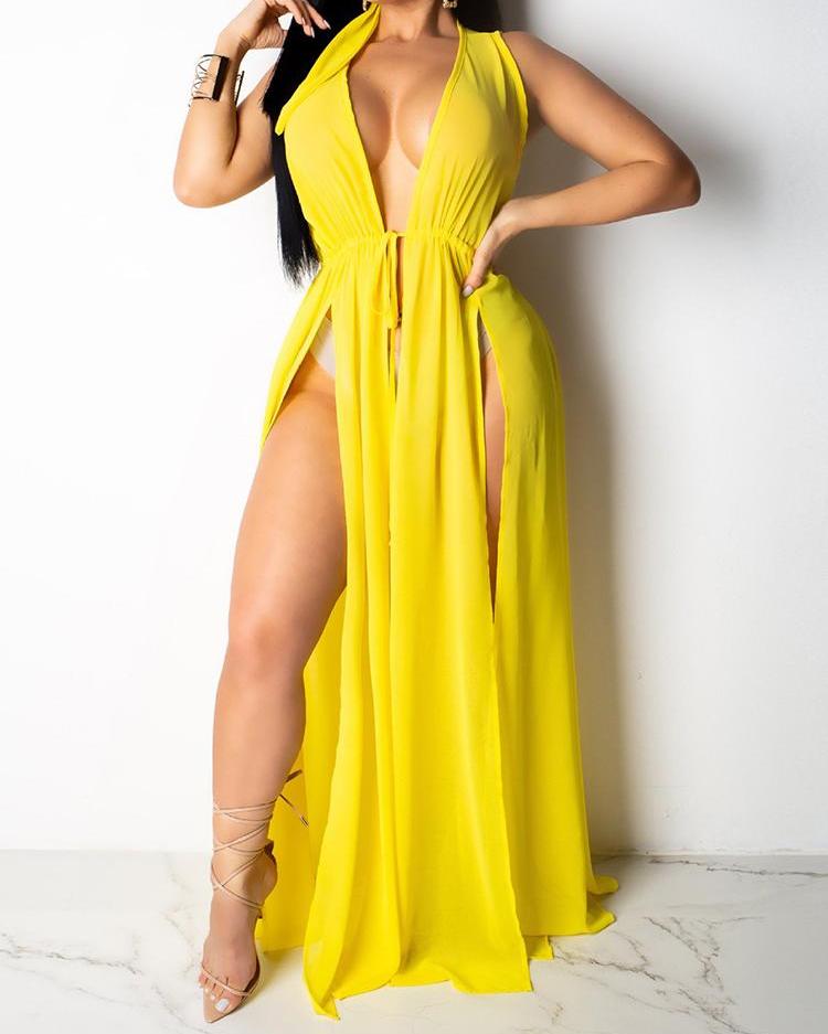 

Chiffon Thigh Slit Beach Dress Cover Ups, Yellow