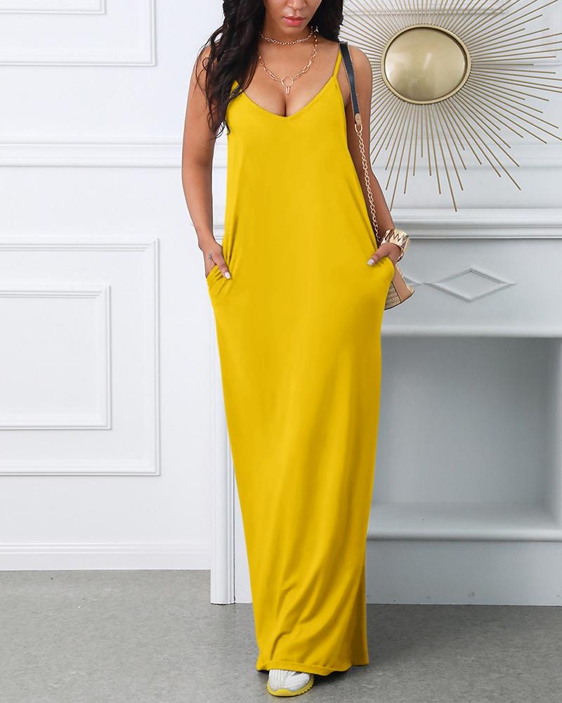 

Pocket Design V-Neck Spaghetti Strap Maxi Dress, Yellow