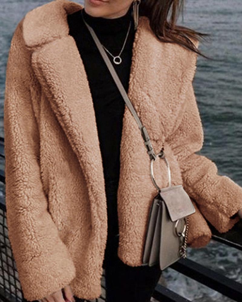 

Long Sleeve Open Front Teddy Coat, Brown