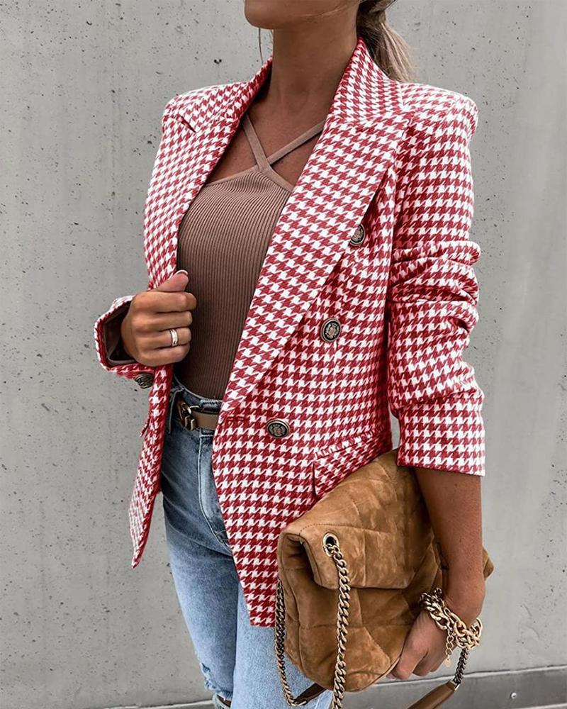 

Houndstooth Print Long Sleeve Double Breasted Blazer, Red