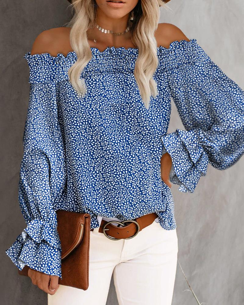 

Off Shoulder Ditsy Floral Print Lantern Sleeve Top, Blue