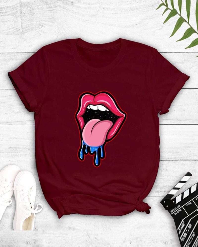 

Lips Print Short Sleeve T-shirt, Wine red