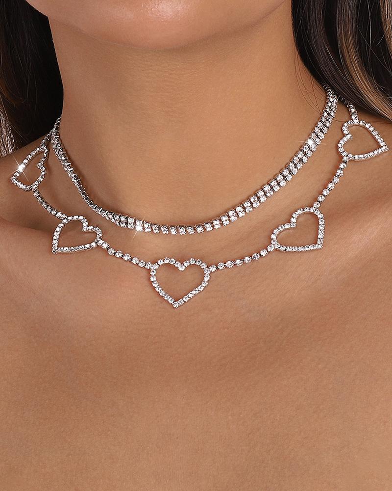 

Multi-layer Rhinestone Hollow Out Heart Pattern Choker, Silver
