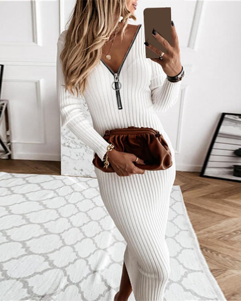 

Ribbed Long Sleeve Zipper Design Bodycon Dress, White