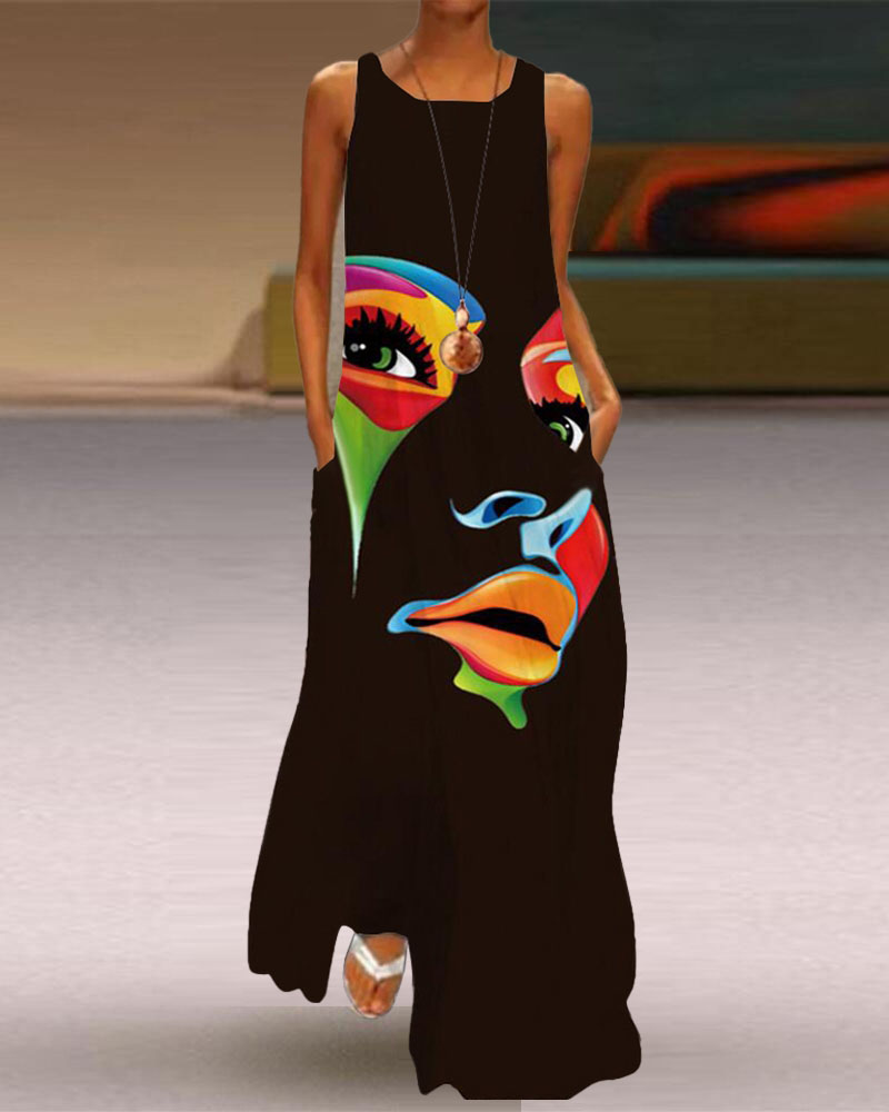 

Abstract Figure Print Sleeveless Maxi Dress, Black