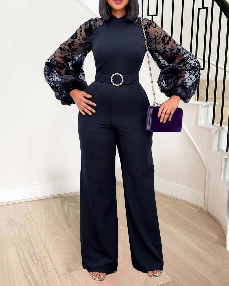 

Contrast Mesh Lantern Sleeve Jumpsuit, Black