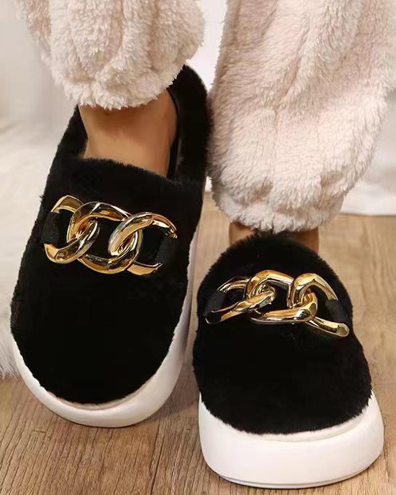 

Chain Decor Fuzzy Round Toe Soft Slippers, Black