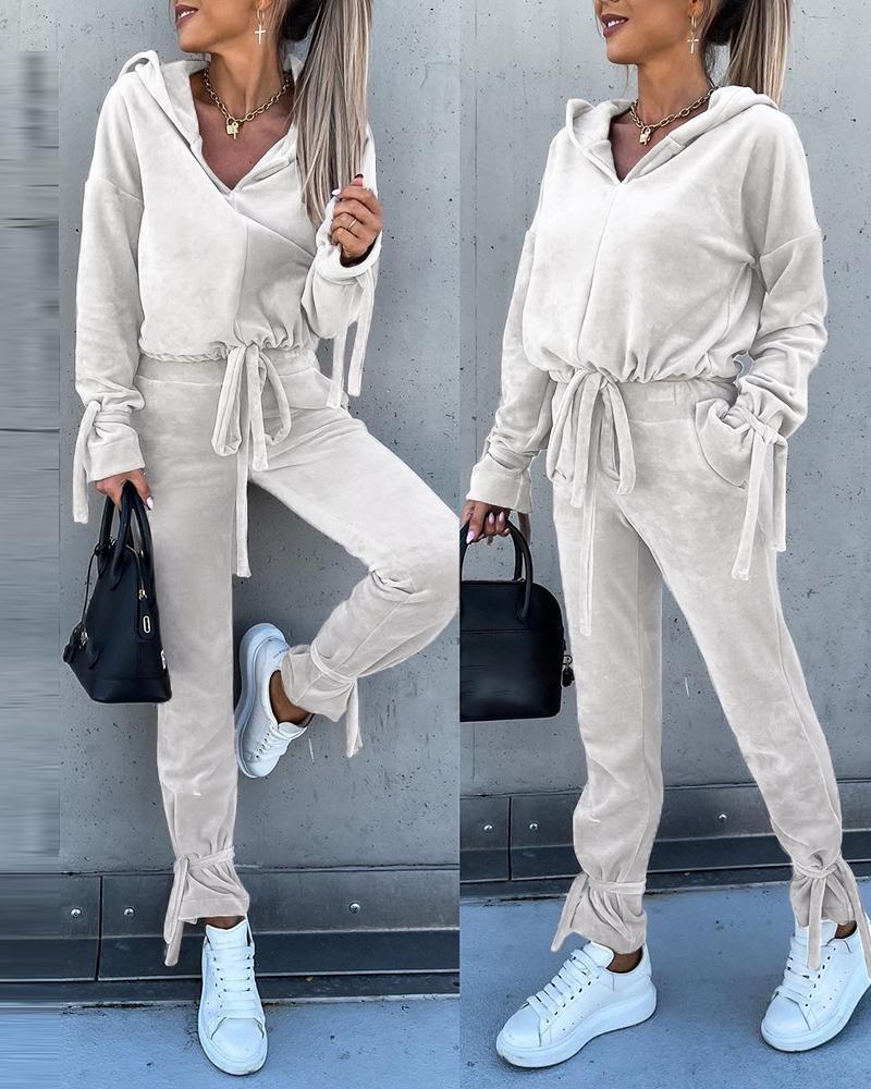 

Velvet Tied Detail Hooded Top & Pocket Design Pants Set, White