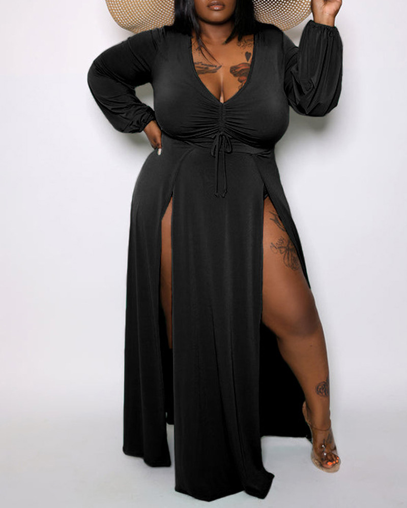 

Plus Size Long Sleeve Drawstring Ruched High Slit Maxi Dress, Black