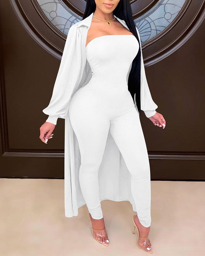 

Solid Ribbed Bodice Jumpsuit With Lantern Sleeve Coat, White