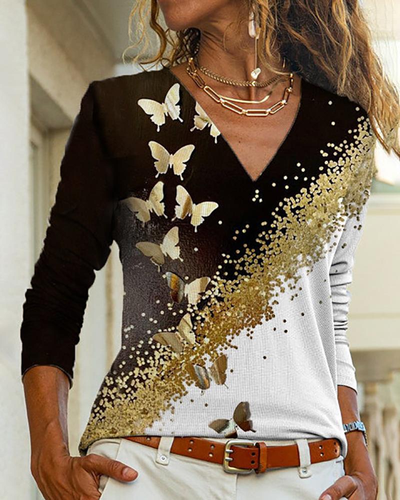 

Butterfly Print Colorblock Long Sleeve Top, Black
