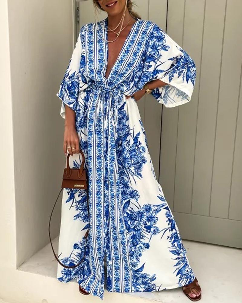 

Floral Print Plunge Bell Sleeve Dress, Blue