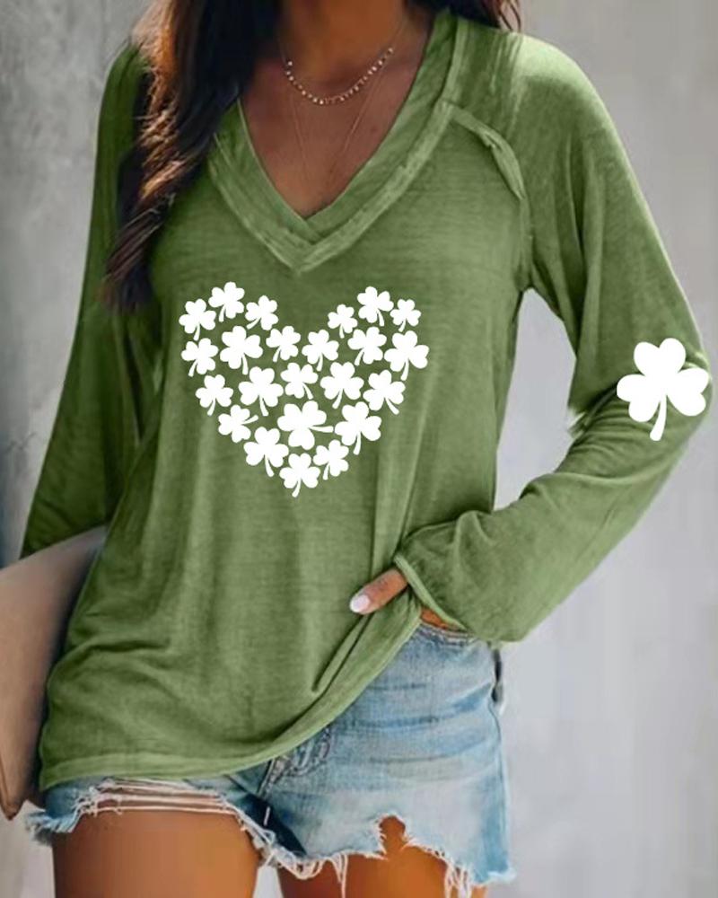 

St. Patrick' Day Clover Heart Print Long Sleeve Top, Green