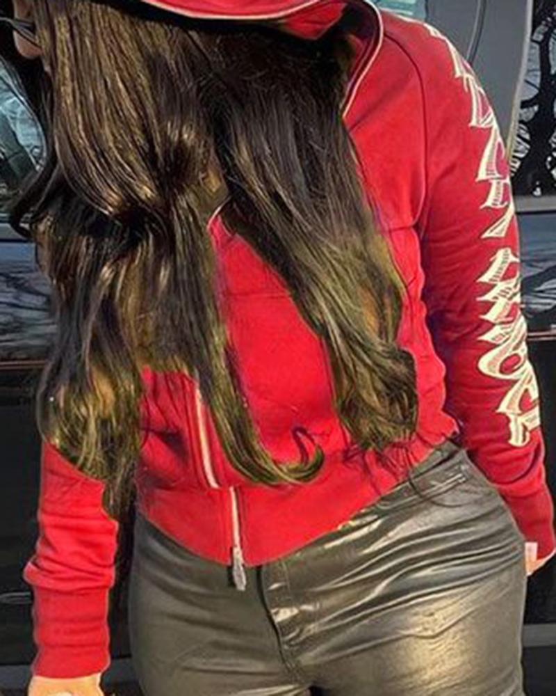 

Letter Print Zipper Design Hooded Sweatshirt, Red