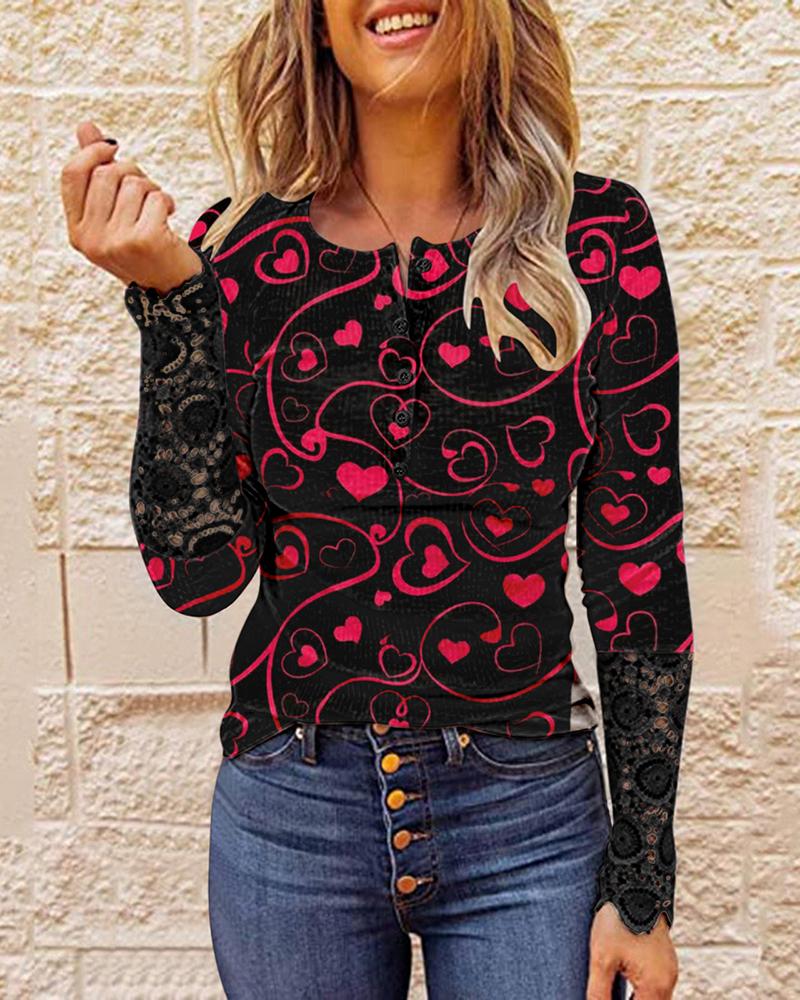 

Heart Print Button Decor Crochet Lace Top, Style1