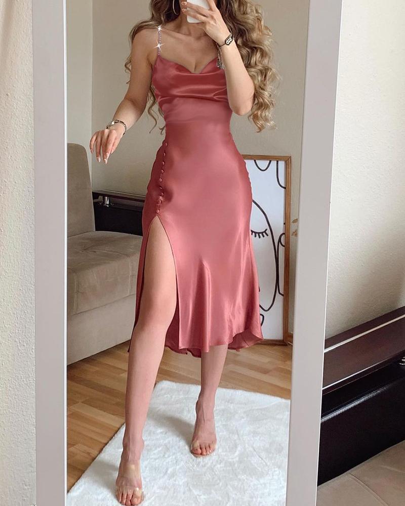 

Rhinestone Strap Buttoned Cowl Neck High Slit Satin Dress, Pink