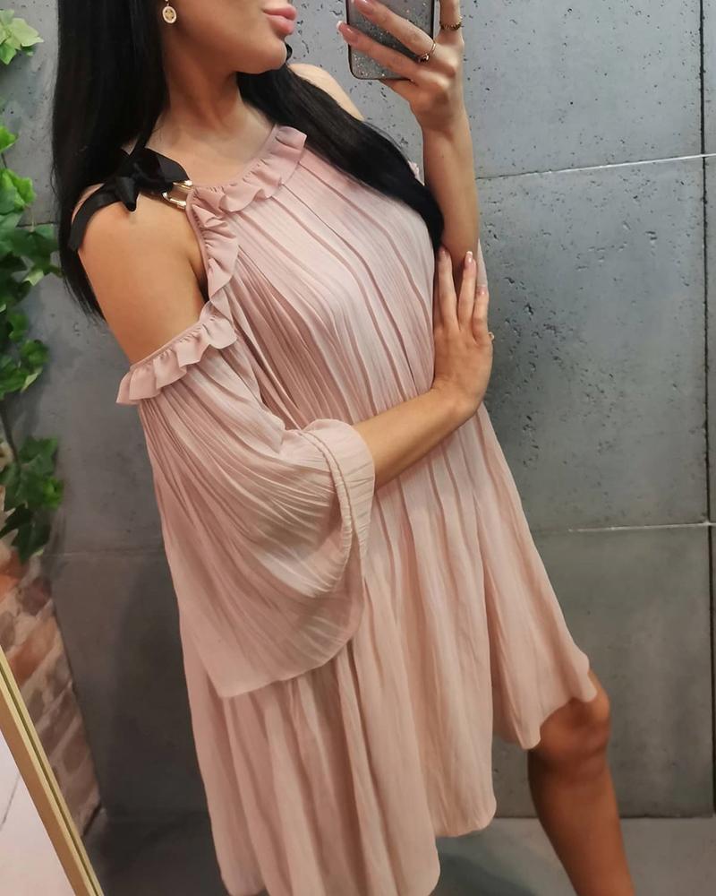 

Bell Sleeve Cold Shoulder Frill Hem Swing Dress, Pink