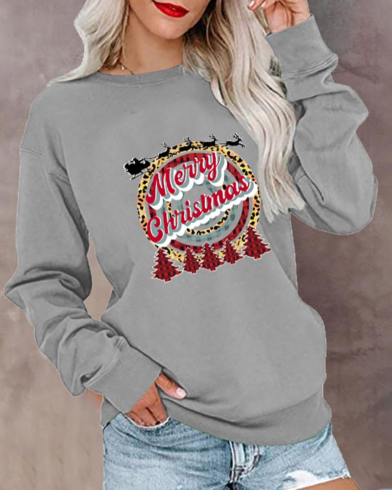 

Christmas O-Neck Long Sleeve Graphic Letter Print Top, Gray