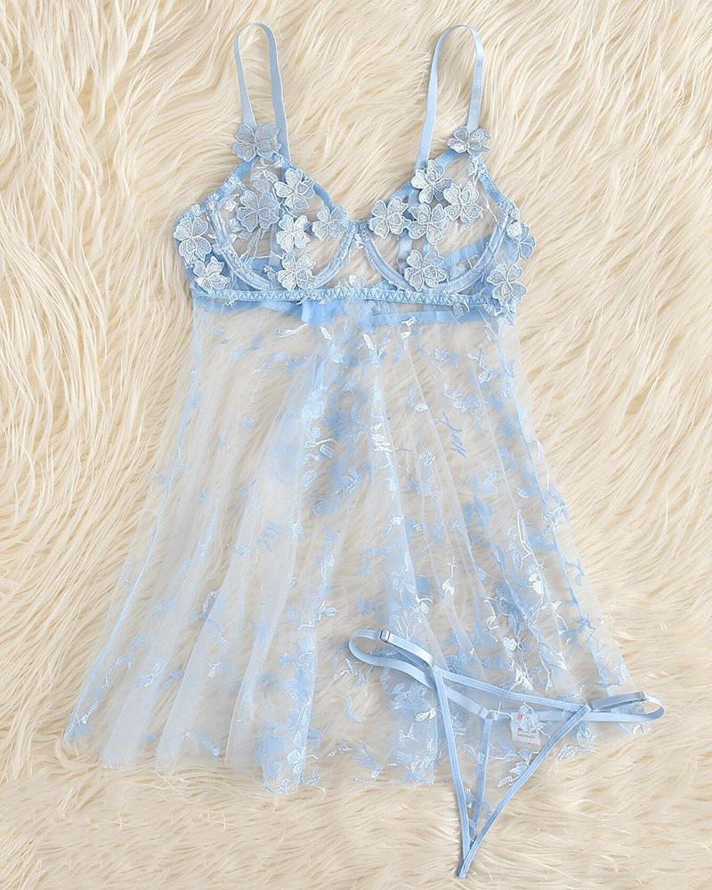 

Floral Embroidery Sheer Mesh Babydoll With Panty, Blue