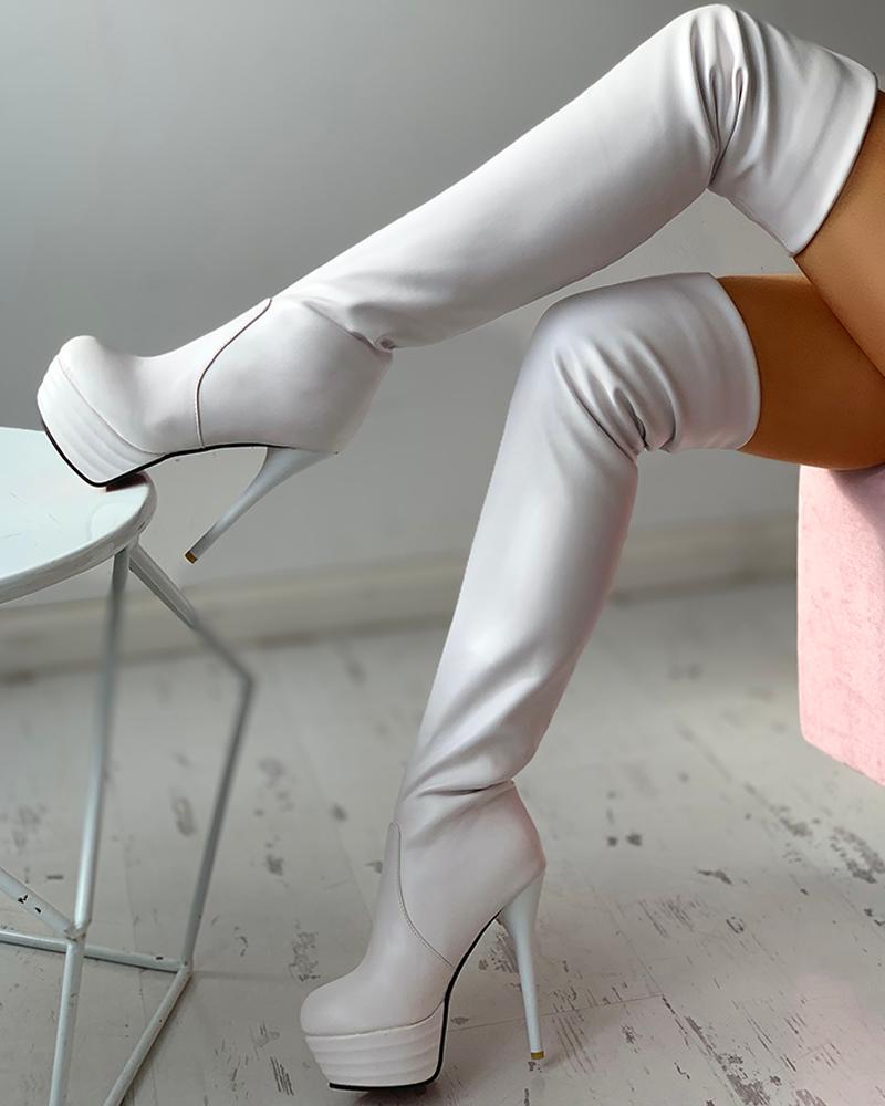 

Pointed Toe Over Knee Stiletto Heeled Boots, White