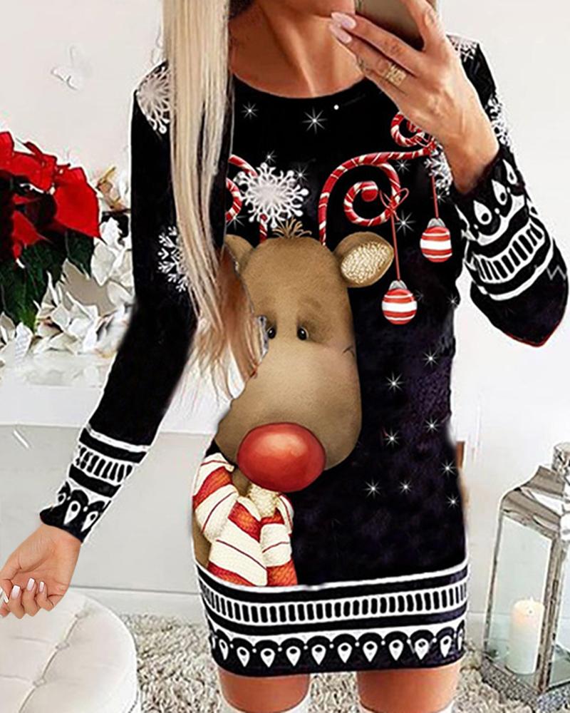 

Christmas Graphic Cartoon Print Long Sleeve Bodycon Dress, Style3