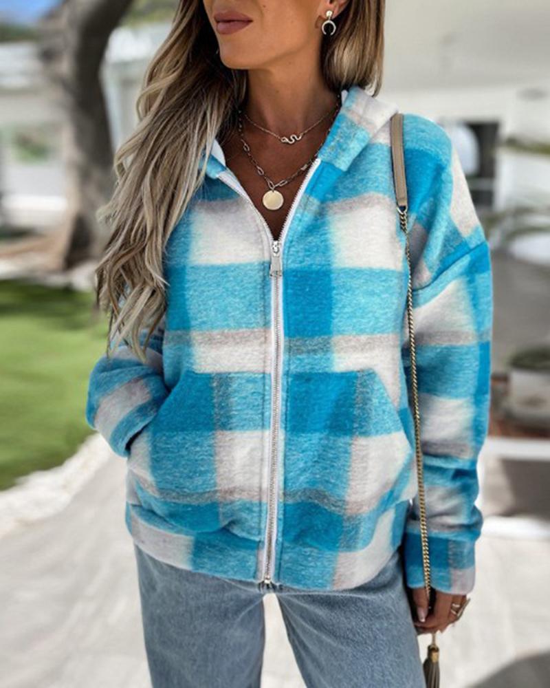 

Plaid Print Zipper Design Hooded Coat, Turquoise blue