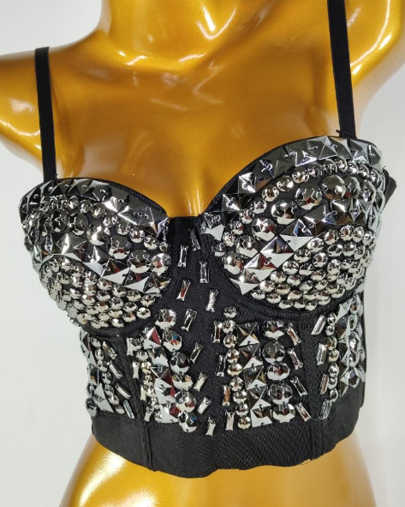 

Geometric Sequin Removable Strap Crop Corset Top, Black