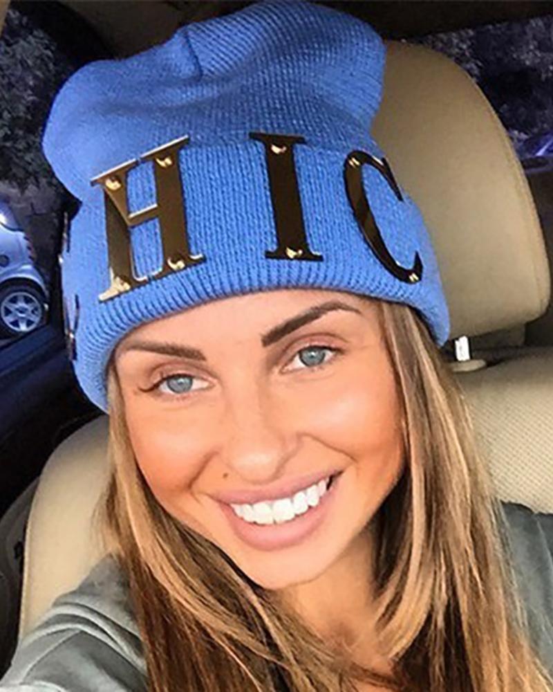 

Letter Pattern Knit Beanie, Blue